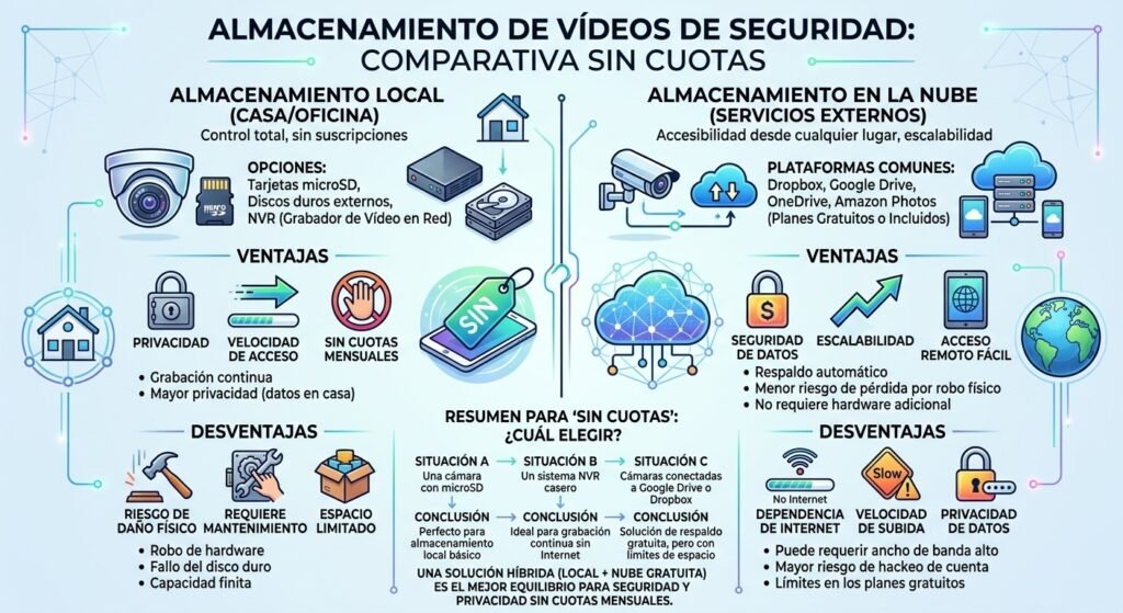 Almacenamiento local vs. Nube: Dónde guardar los vídeos de tus cámaras de seguridad sin cuotas